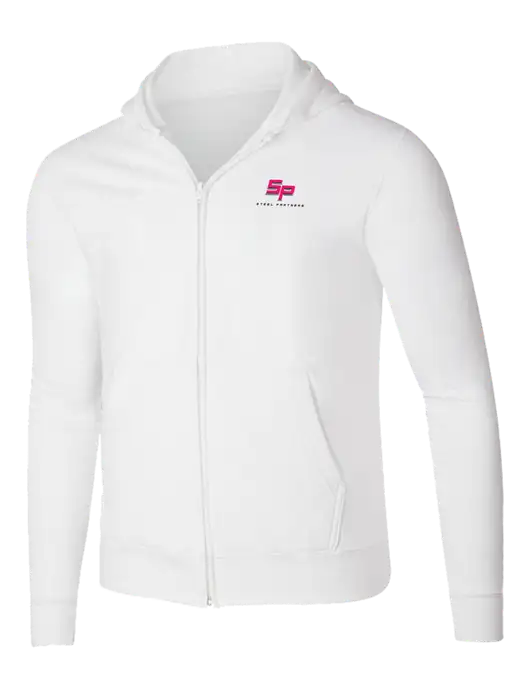 White 8.5 oz Ring Spun Zip Hooded Sweatshirt w/Steel Partners Logo