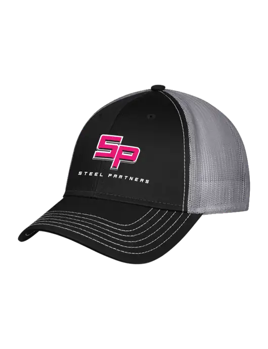 Black/Medium Dark Grey Mesh Trucker Cap Snap Back w/Steel Partners Logo