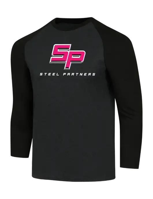 Simply Soft 3/4 Sleeve Black/Black Frost Ring Spun Cotton T-Shirt w/Steel Partners Logo