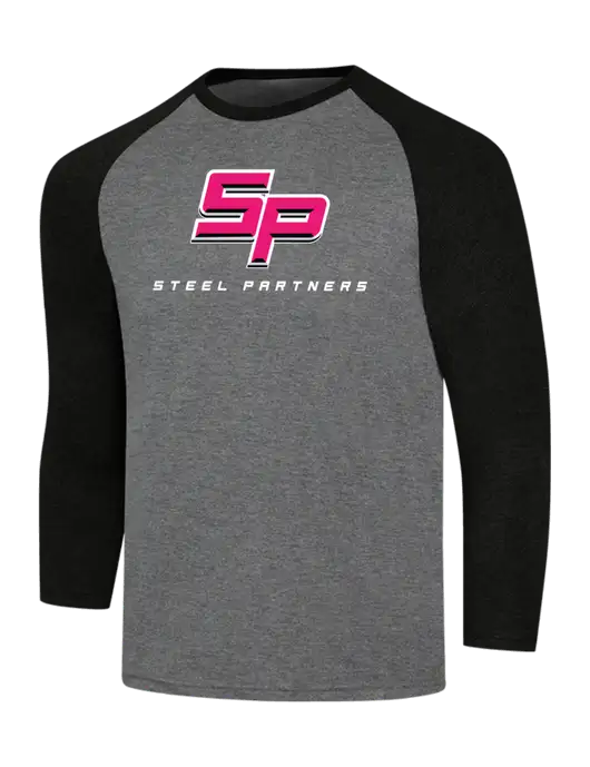 Simply Soft 3/4 Sleeve Black Frost/Grey Frost Ring Spun Cotton T-Shirt w/Steel Partners Logo
