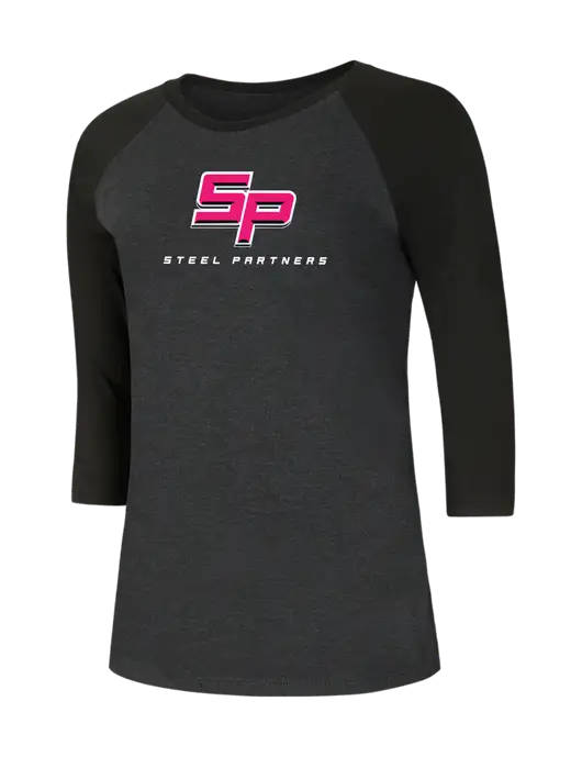 Womens Simply Soft 3/4 Sleeve Black/Black Frost Ring Spun Cotton T-Shirt w/Steel Partners Logo