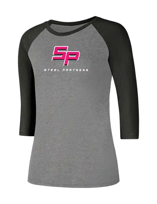 Womens Simply Soft 3/4 Sleeve Black Frost/Grey Frost Ring Spun Cotton T-Shirt w/Steel Partners Logo