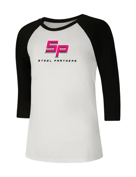 Womens Simply Soft 3/4 Sleeve Black/White Ring Spun Cotton T-Shirt w/Steel Partners Logo