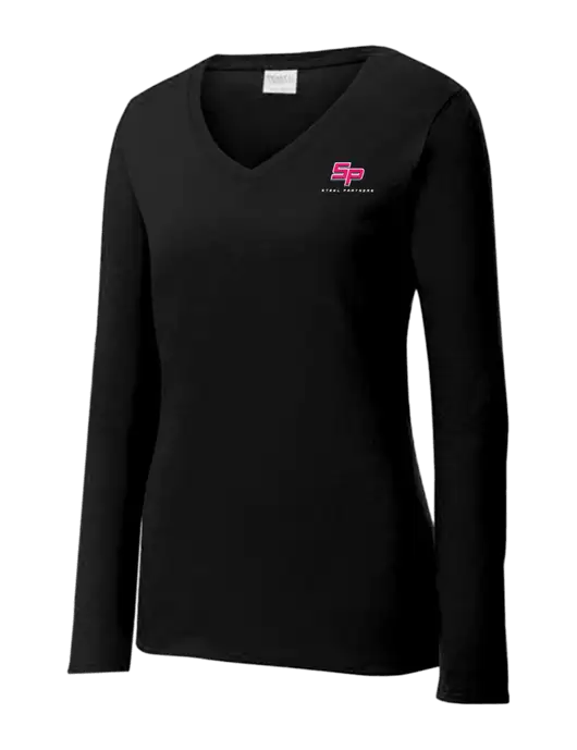 Womens V-Neck Ring Spun Jet Black 4.5 oz Long Sleeve T-Shirt w/Steel Partners Logo