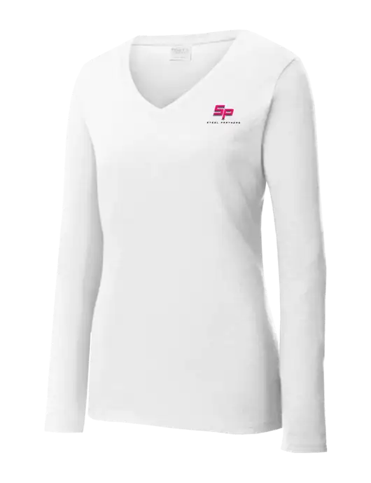 Womens  V-Neck Ring Spun White 4.5 oz Long Sleeve T-Shirt w/Steel Partners Logo