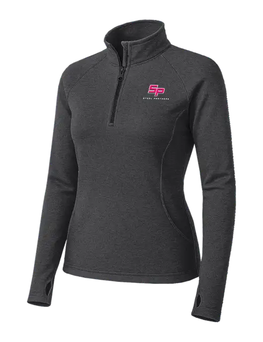 Dark Grey Heather Womens Sport Wick Stretch 1/4 Zip Pullover w/Steel Partners Logo