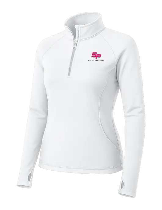 White Womens Sport Wick Stretch 1/4 Zip Pullover w/Steel Partners Logo