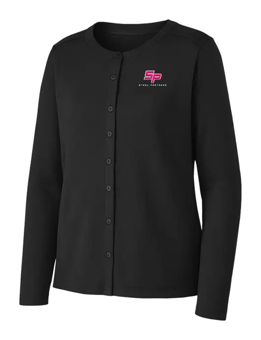 Black Womens Concept Stretch Button-Front Cardigan Sweater w/Steel Partners Logo