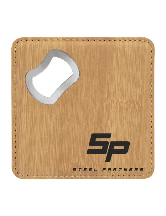 Bamboo Leatherette Coaster with Bottle Opener w/Steel Partners Logo