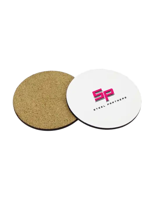 Gloss White Hardboard Round Coaster w/Cork Back, 3.75 w/Steel Partners Logo