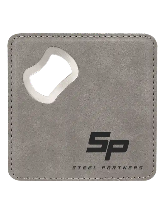 Grey Leatherette Coaster with Bottle Opener w/Steel Partners Logo
