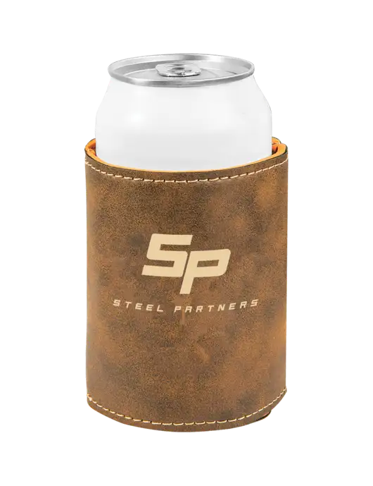 Rustic Leatherette Beverage Holder w/Steel Partners Logo