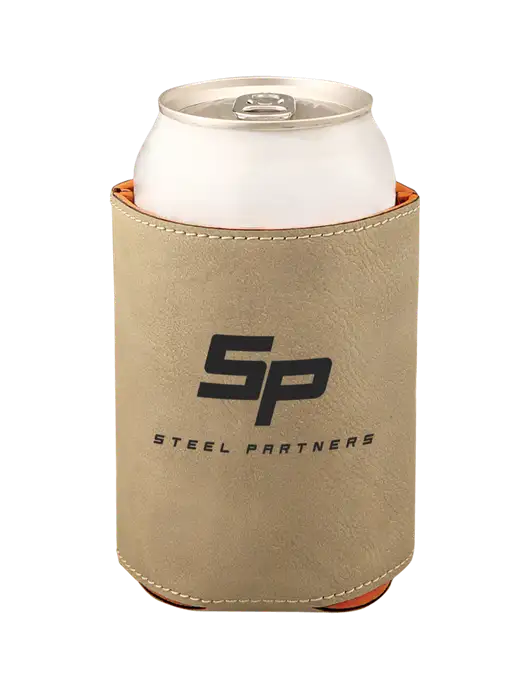Tan Leatherette Beverage Holder w/Steel Partners Logo