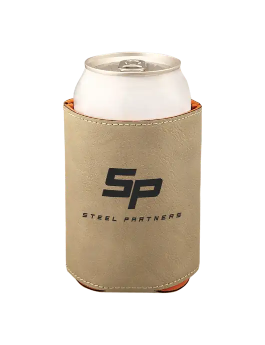 Tan Leatherette Beverage Holder w/Steel Partners Logo