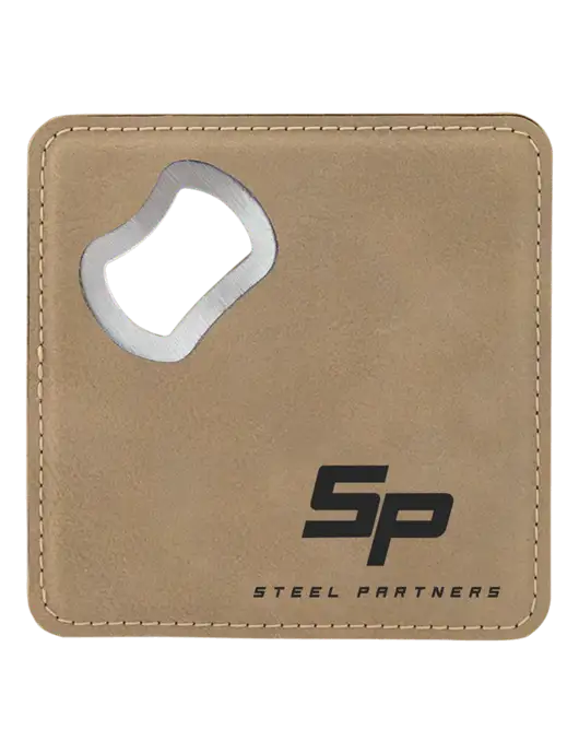 Tan Leatherette Bottle Opener Coaster w/Steel Partners Logo