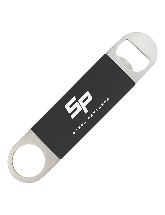 Black Bottle Opener with Silicone Grip w/Steel Partners Logo