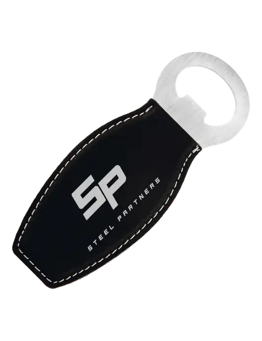 Black Leatherette Bottle Opener with Magnet w/Steel Partners Logo