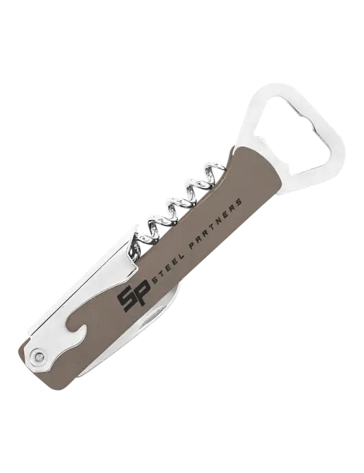 Grey Leatherette Wine Bottle Opener w/Steel Partners Logo