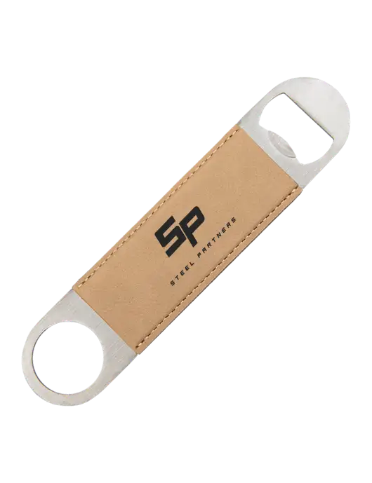 Tan Leatherette Bottle Opener w/Steel Partners Logo