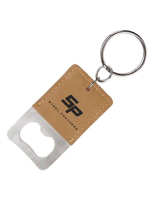 Tan Leatherette Rectangle Bottle Opener Keychain w/Steel Partners Logo