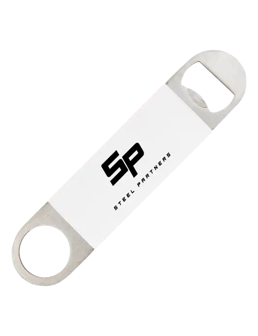 White Bottle Opener with Silicone Grip w/Steel Partners Logo