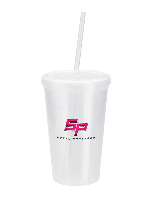 Sorrento Clear 16 oz Tumbler with Lid & Straw w/Steel Partners Logo