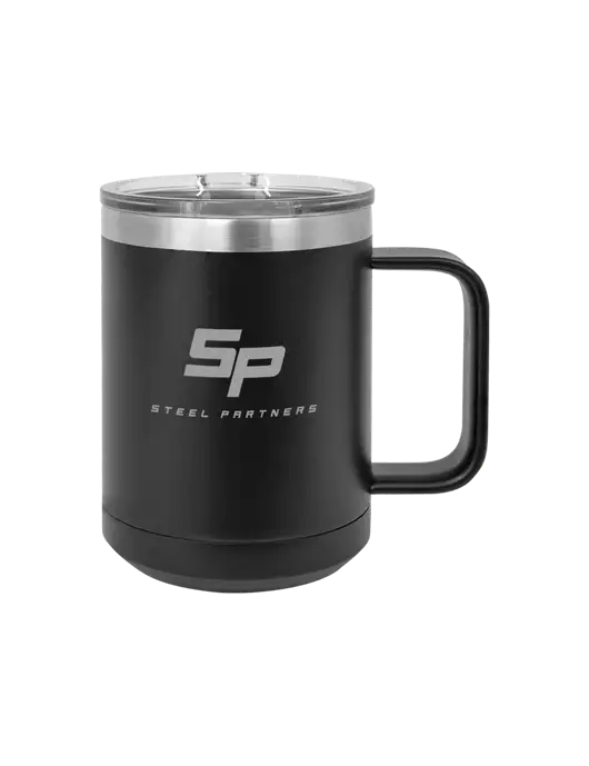 Polar Camel 15 oz Powder Coated Black Vacuum Insulated Mug with Slider Lid w/Steel Partners Logo