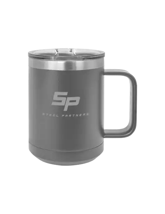 Polar Camel 15 oz Powder Coated Grey Vacuum Insulated Mug with Slider Lid w/Steel Partners Logo