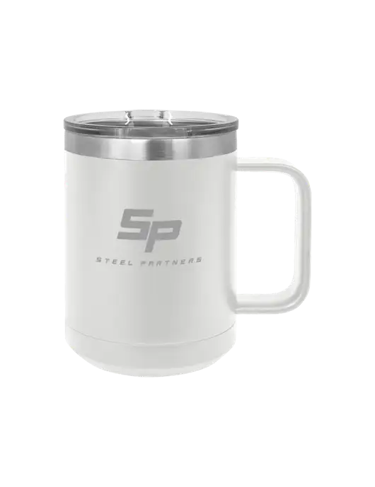 Polar Camel 15 oz Powder Coated White Vacuum Insulated Mug with Slider Lid w/Steel Partners Logo