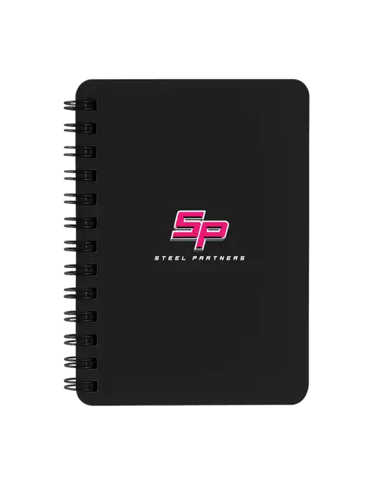 Sturdy Black Hardcover Notebook, 5.25 x 7 w/Steel Partners Logo