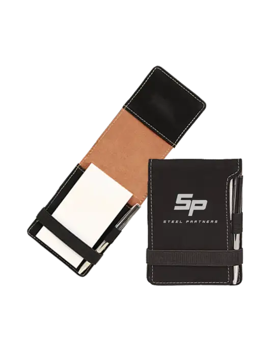 Black Leatherette Mini Notepad with Pen,  3.25 x 4.75 w/Steel Partners Logo