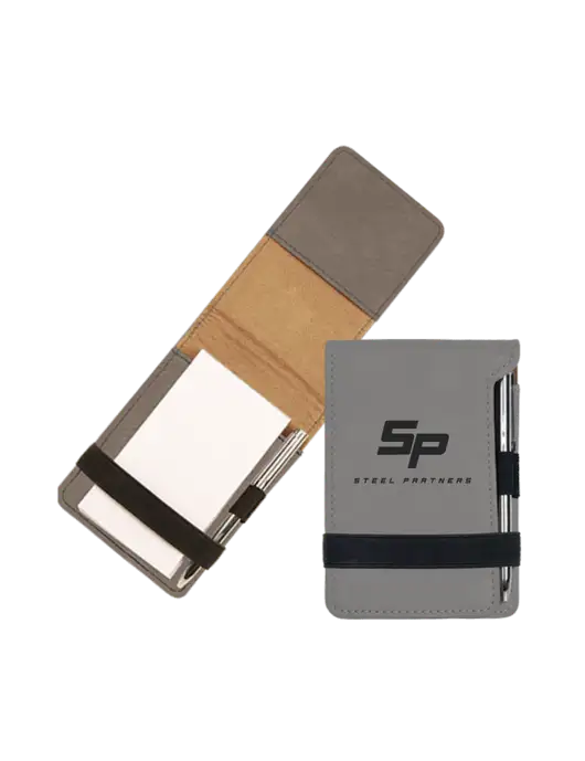 Grey Leatherette Mini Notepad with Pen,  3.25 x 4.75 w/Steel Partners Logo