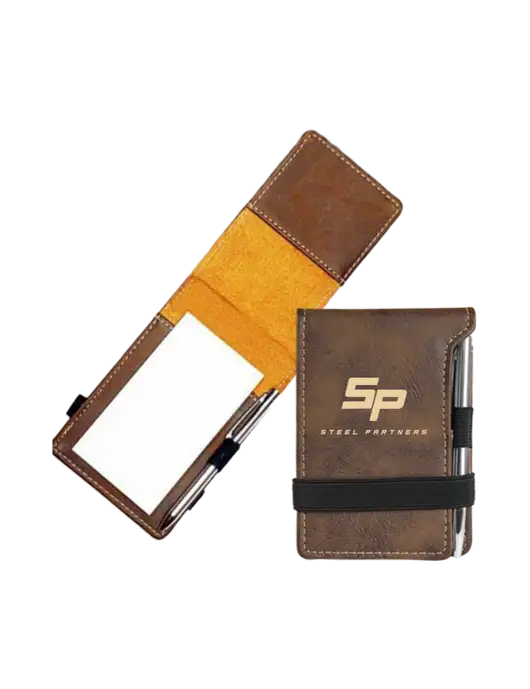 Rustic Leatherette Mini Notepad w/Pen, 3.25 x 4.75 w/Steel Partners Logo
