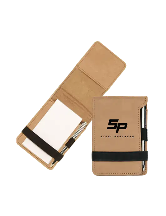 Tan Leatherette Mini Notepad with Pen,  3.25 x 4.75 w/Steel Partners Logo