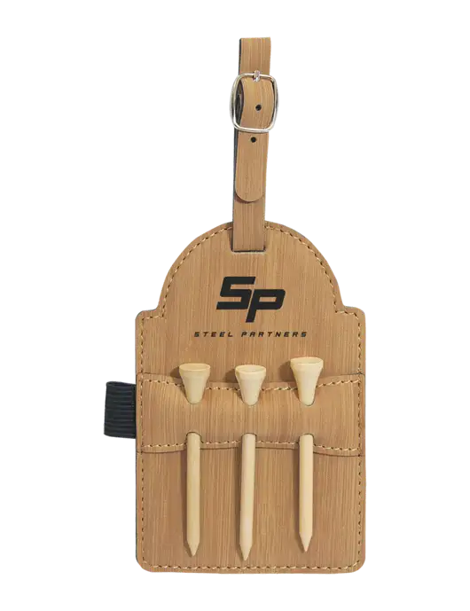 Bamboo Leatherette Golf Bag Tag with 3 Wooden Tees w/Steel Partners Logo