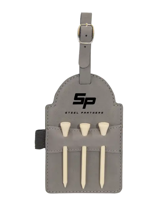 Grey Leatherette Golf Bag Tag with 3 Wooden Tees w/Steel Partners Logo