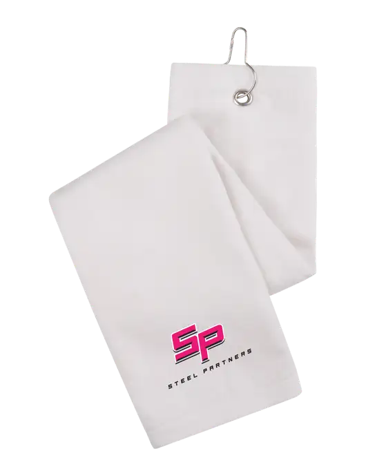 White Tri-Fold Golf Towel with Grommet w/Steel Partners Logo