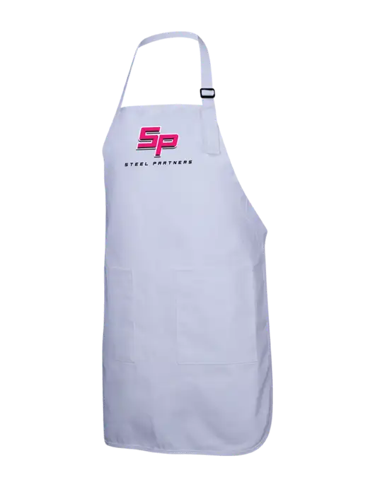 Full-Length White Apron With Pockets w/Steel Partners Logo