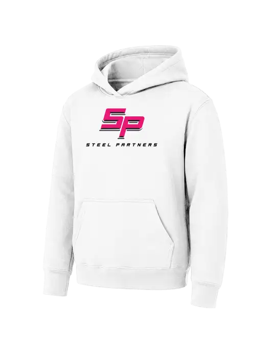 Youth White 7.8 oz Pullover Hooded Sweatshirt w/Steel Partners Logo