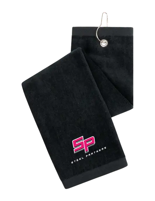 Black Tri-Fold Golf Towel with Grommet w/Steel Partners Logo