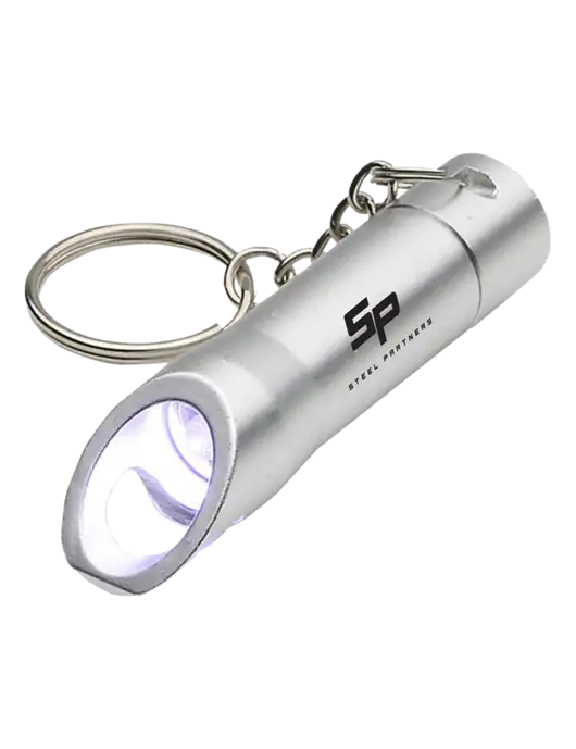 Silver Pocket LED Flashlight with Bottle Opener & Keychain w/Steel Partners Logo