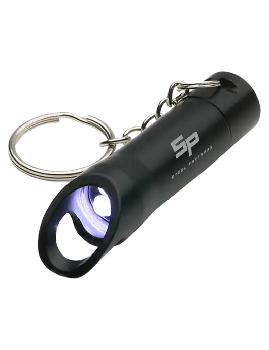 Black Pocket LED Flashlight with Bottle Opener & Keychain w/Steel Partners Logo
