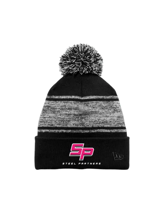 New Era Black/Charcoal Knit Chilled Pom Beanie w/Steel Partners Logo