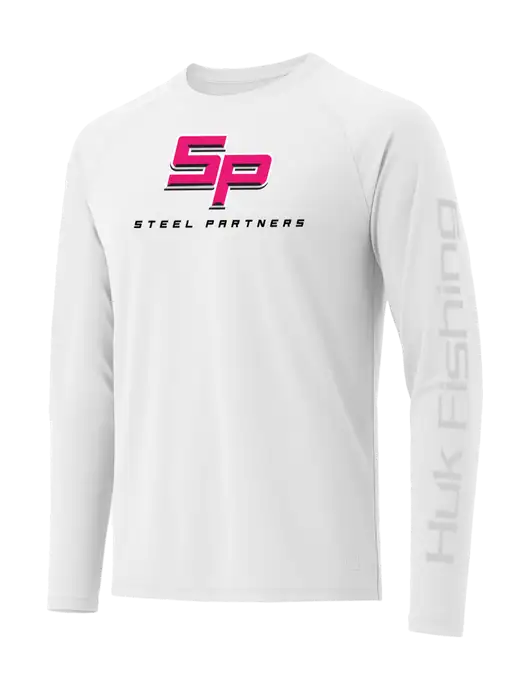 HUK White LoPro Pursuit Long Sleeve T-Shirt w/Steel Partners Logo
