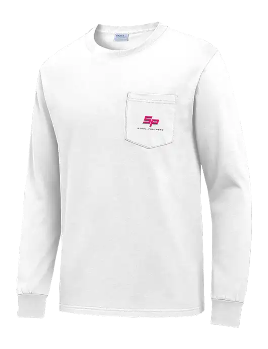 White Long Sleeve Heavyweight 6.1 oz Pocket T-Shirt w/Steel Partners Logo
