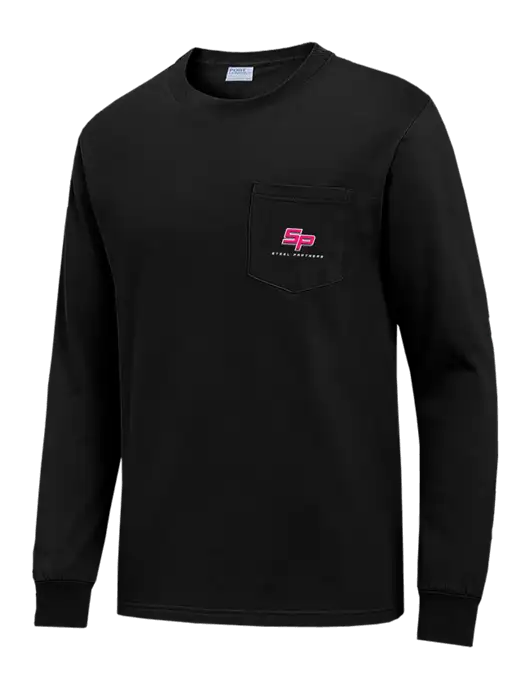 Black Long Sleeve Heavyweight 6.1 oz Pocket T-Shirt w/Steel Partners Logo