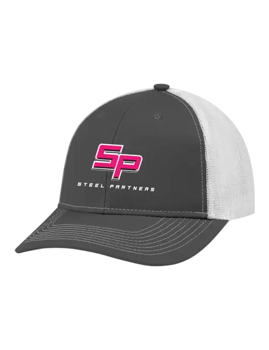Snapback Ponytail Trucker Cap Dark Grey w/White Mesh w/Steel Partners Logo