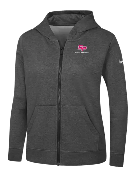 Nike Womens Club Fleece Sleeve Swoosh Full-Zip Charcoal Heather Hoodie w/Steel Partners Logo