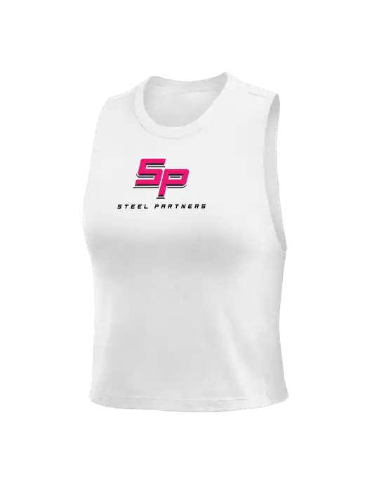 BELLA+CANVAS Womens White Racerback Crop Tank  w/Steel Partners Logo