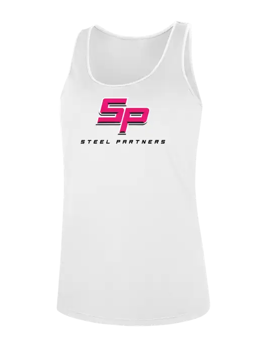 Womens White Perfect Tri Racerback Tank w/Steel Partners Logo